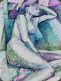 Akt sitzende blau-violett, Tuschefeder/Farbstift, 93, 28x41