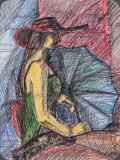 Frau mit Sonnenschirm, Bleistift/Farbstift, 83, 34x48