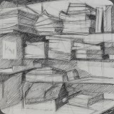 Bücher im Atelier, Bleistift, 90, 25x28