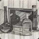 Flaschen im Spiegel, Bleistift, 82, 34x28