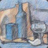 Stilleben blau-ocker, Bleistift/Farbstift, 82, 34x24